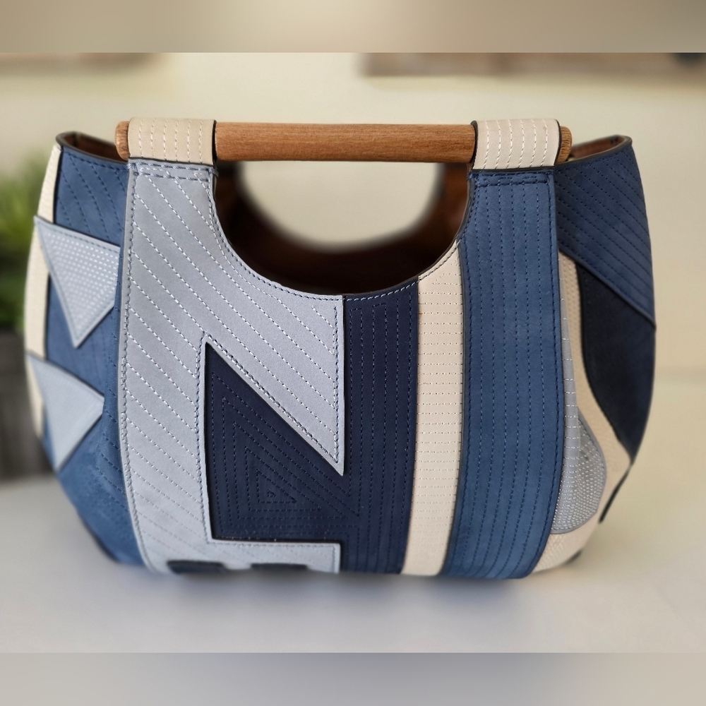 Tory Burch Rare Suede Patchwork Tote Wood Handle Navy Colorblock Pouch Crossbody - Picture 2 of 13